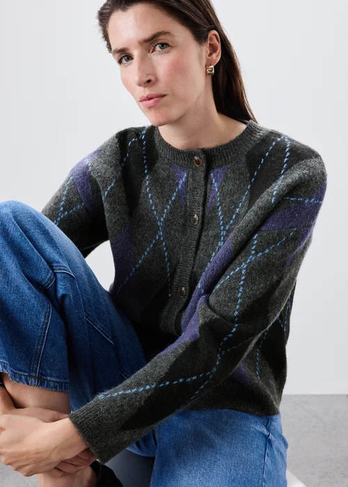 Blue Argyle Crew Neck Cardigan - XS Image 1
