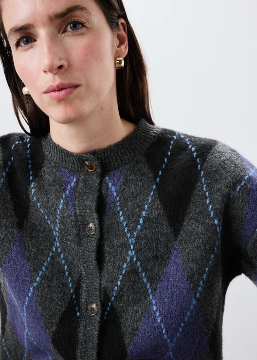 Blue Argyle Crew Neck Cardigan - XS Image 4