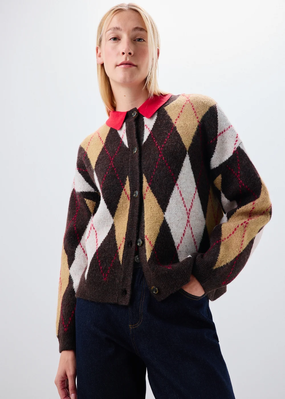 Brown Argyle Crew Neck Button Cardigan - XS Image 1