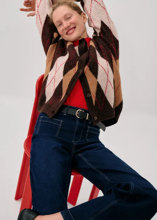 Brown Argyle Crew Neck Button Cardigan - XS Image 2