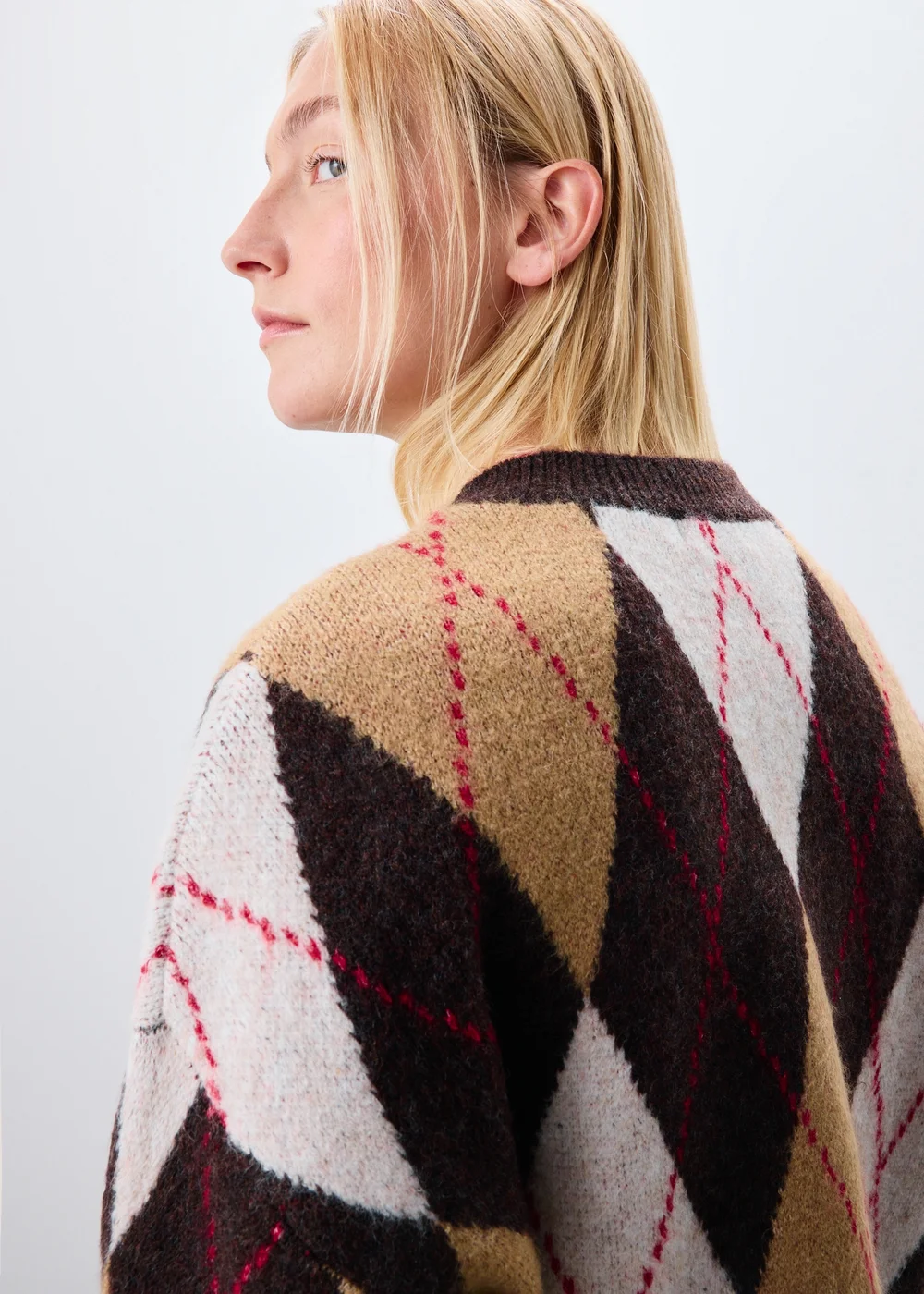 Brown Argyle Crew Neck Button Cardigan - XS Image 3