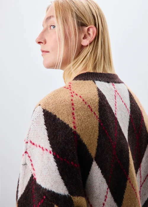 Brown Argyle Crew Neck Button Cardigan - XS Image 3