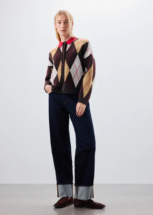 Brown Argyle Crew Neck Button Cardigan - XS Image 4