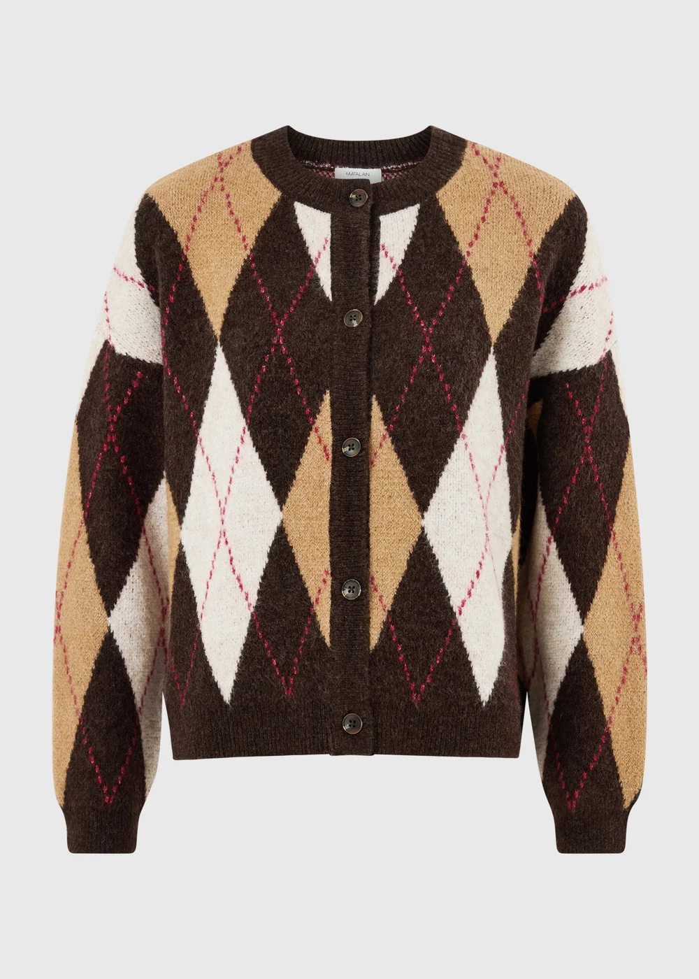 Brown Argyle Crew Neck Button Cardigan - XS Image 5
