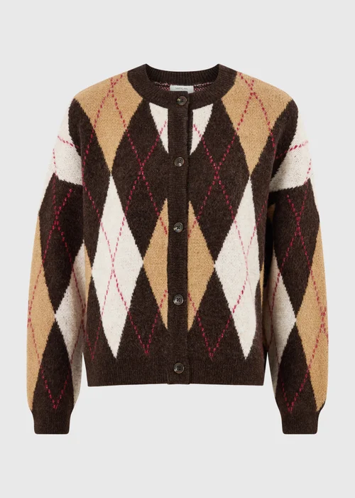 Brown Argyle Crew Neck Button Cardigan - XS Image 5