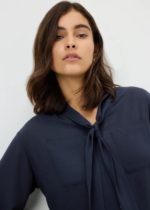 Navy Tie Neck Pussy Bow Blouse - 16 Image 1