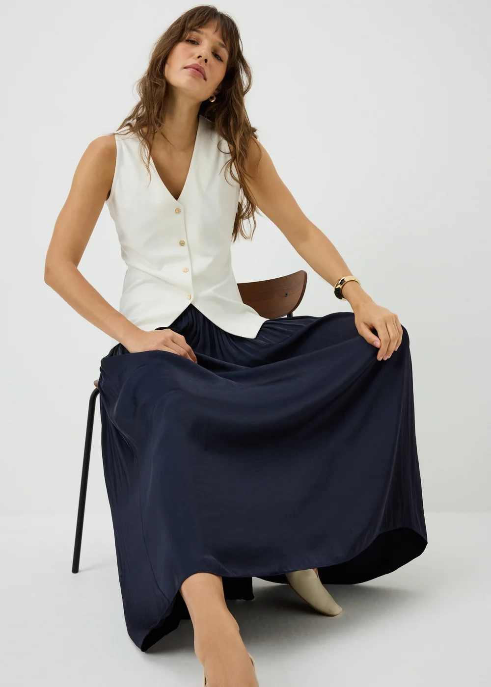 Navy Crinkle Satin Midaxi Skirt - 8 Image 1