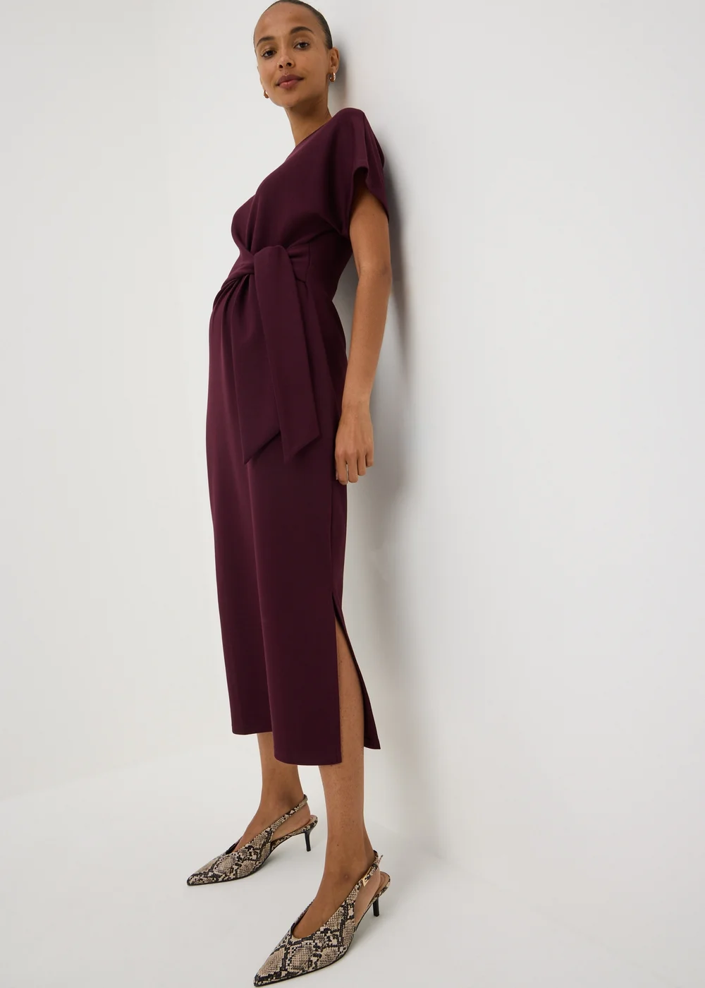 Wine Scuba Tie Waist Midi Dress - 8 Image 1