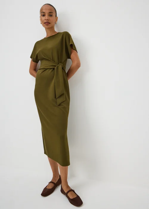 Khaki Scuba Tie Waist Midi Dress - 8 Image 1
