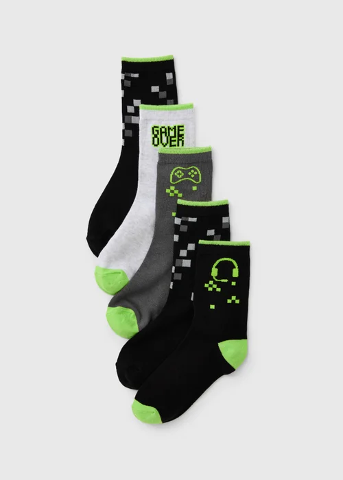 5 Pack Boys Grey Gamer Crew Socks (Younger 6-Older 6.5) - 6-8.5 Image 1