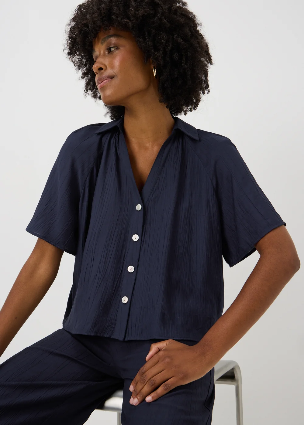 Navy Crinkle Textured Co Ord Shirt - 18 Image 1