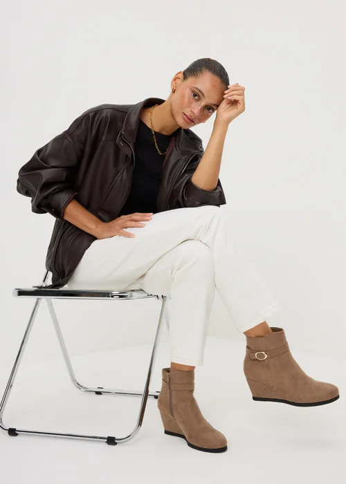 Taupe Faux Suede Wedge Ankle Boots - 3 Image 1