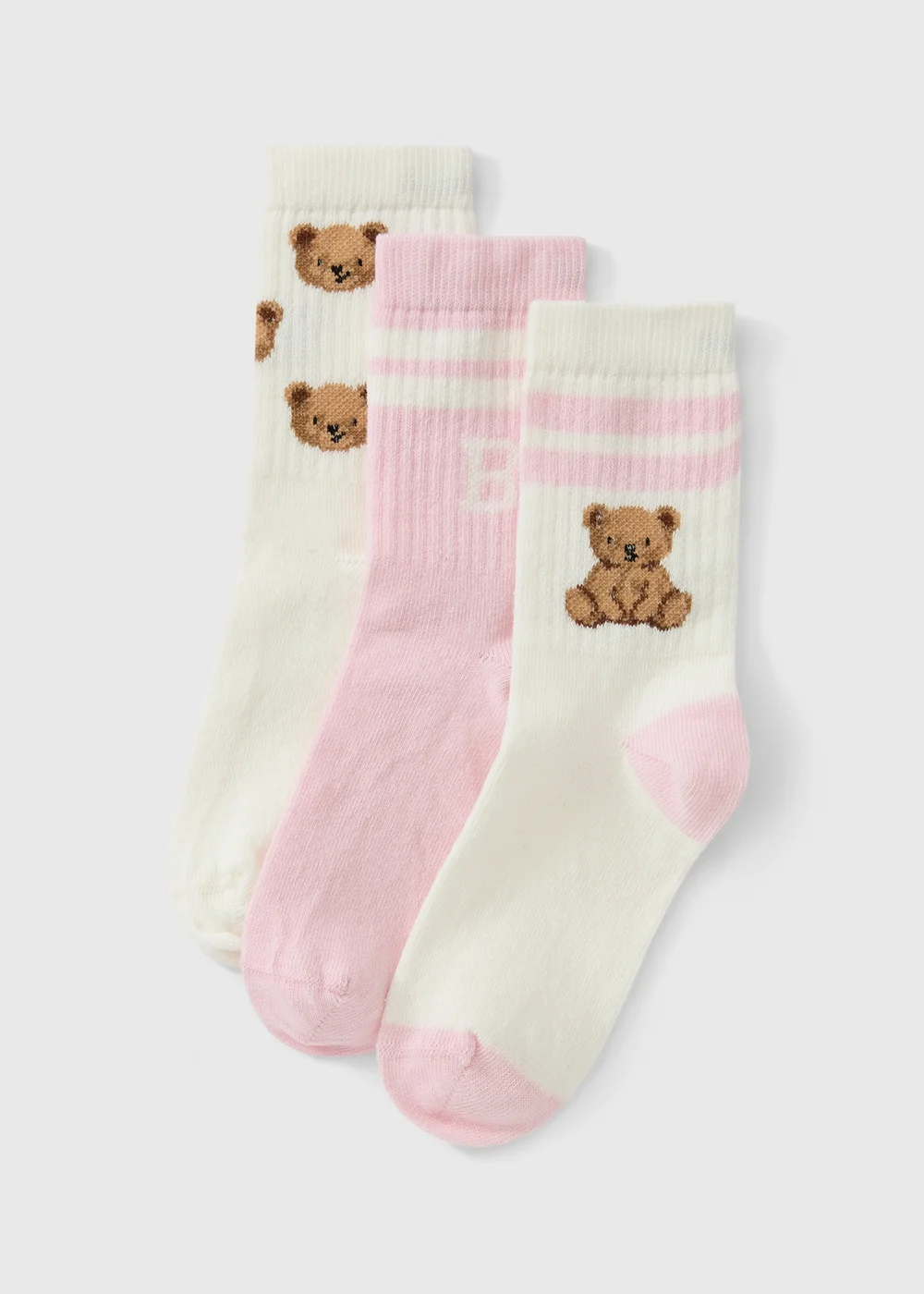 Kids' Pink & Cream Teddy Bear Socks – 3 Pack - 6-8.5 Image 1