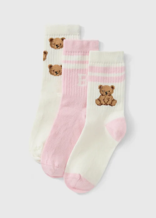 Kids' Pink & Cream Teddy Bear Socks – 3 Pack - 6-8.5 Image 1
