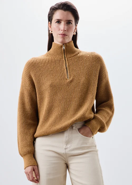 Camel Quarter Zip Knitted Jumper - XS Image 1