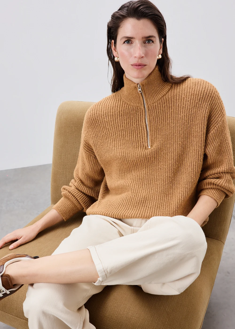 Camel Quarter Zip Knitted Jumper - XS Image 2