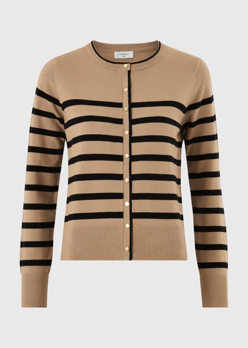 Tan Striped Crew Neck Cardigan - 8 Image 4