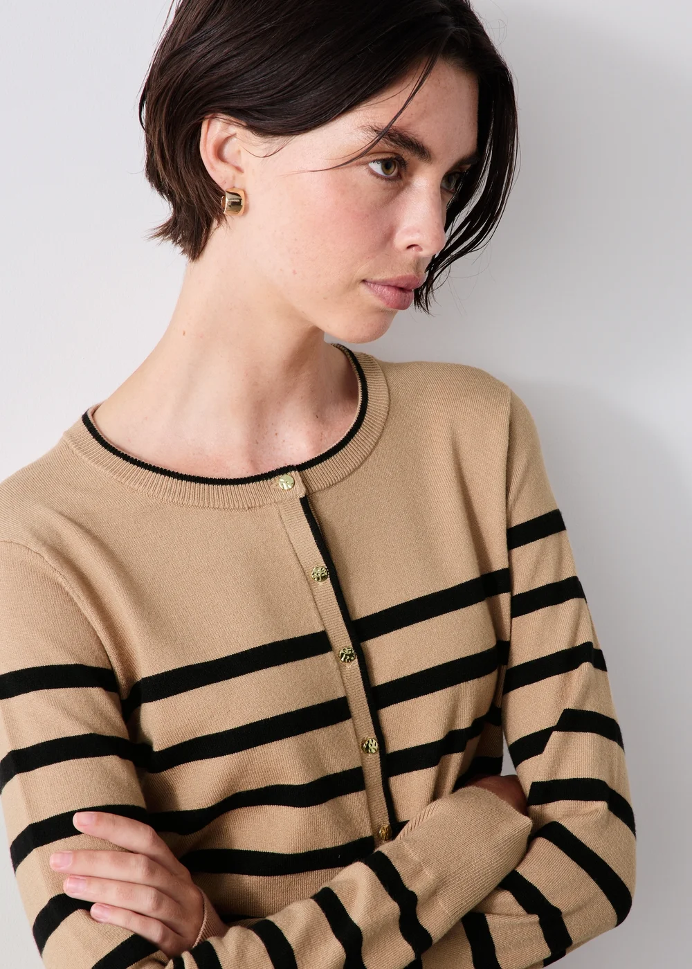 Tan Striped Crew Neck Cardigan - 8 Image 3