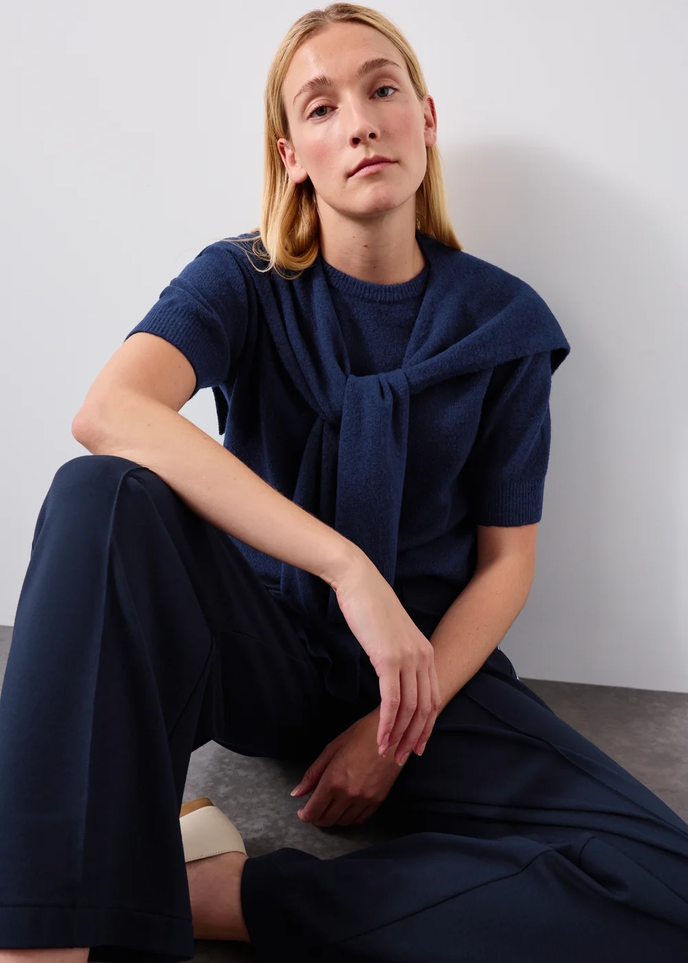 Navy Short Sleeve Tie Scarf Jumper - 8 Image 1