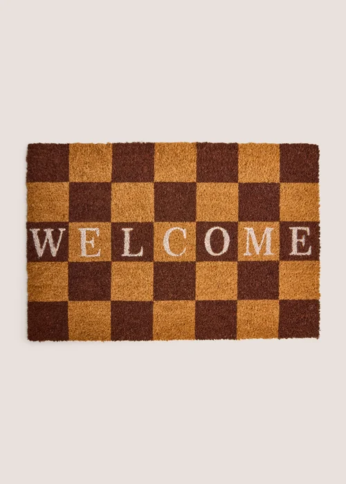 Brown Checkerboard Welcome Coir Doormat Image 1