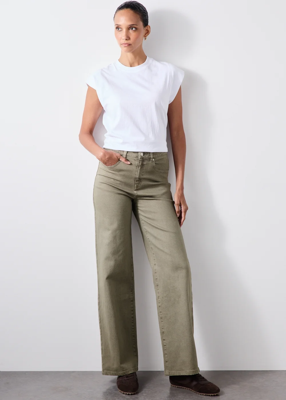 Khaki Stretch Mid Rise Wide Leg Jeans - 24/L29 Image 2