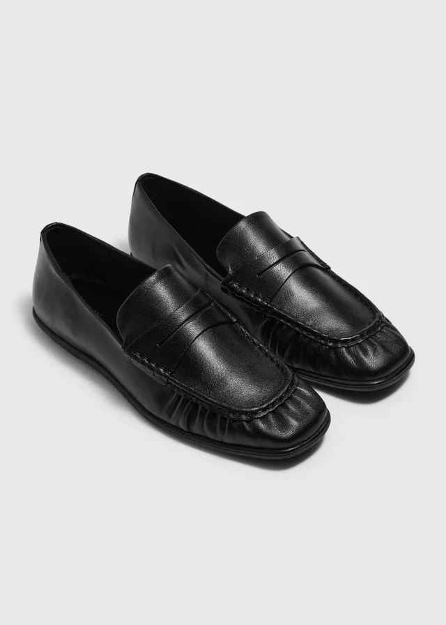 Black Leather Ruched Loafers