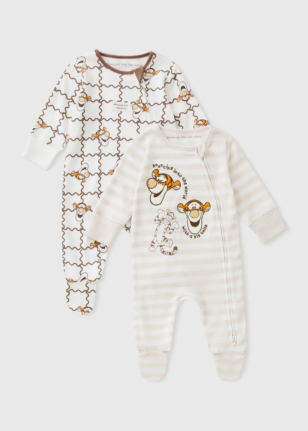 2 Pack Baby Beige Tigger Sleepsuit - Up to 1 Month Image 1
