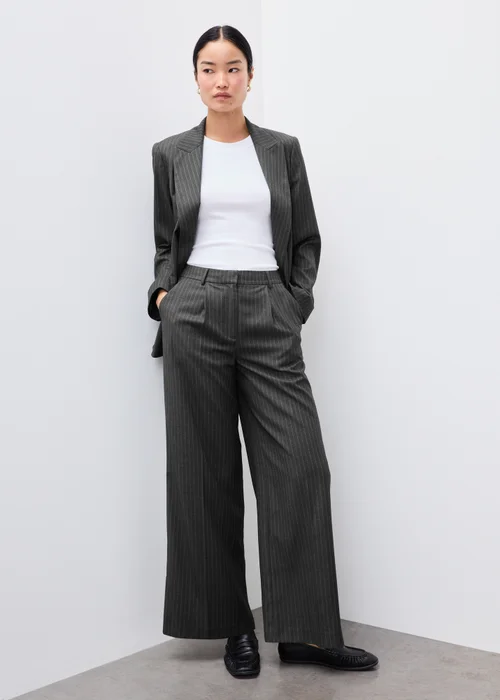 Grey Pinstripe Wide Leg Trousers - 14/L29 Image 1