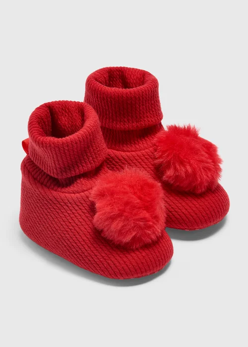 Baby Red Pom Pom Sock Boots (Newborn-18 Mnths) - 0-3 months Image 1
