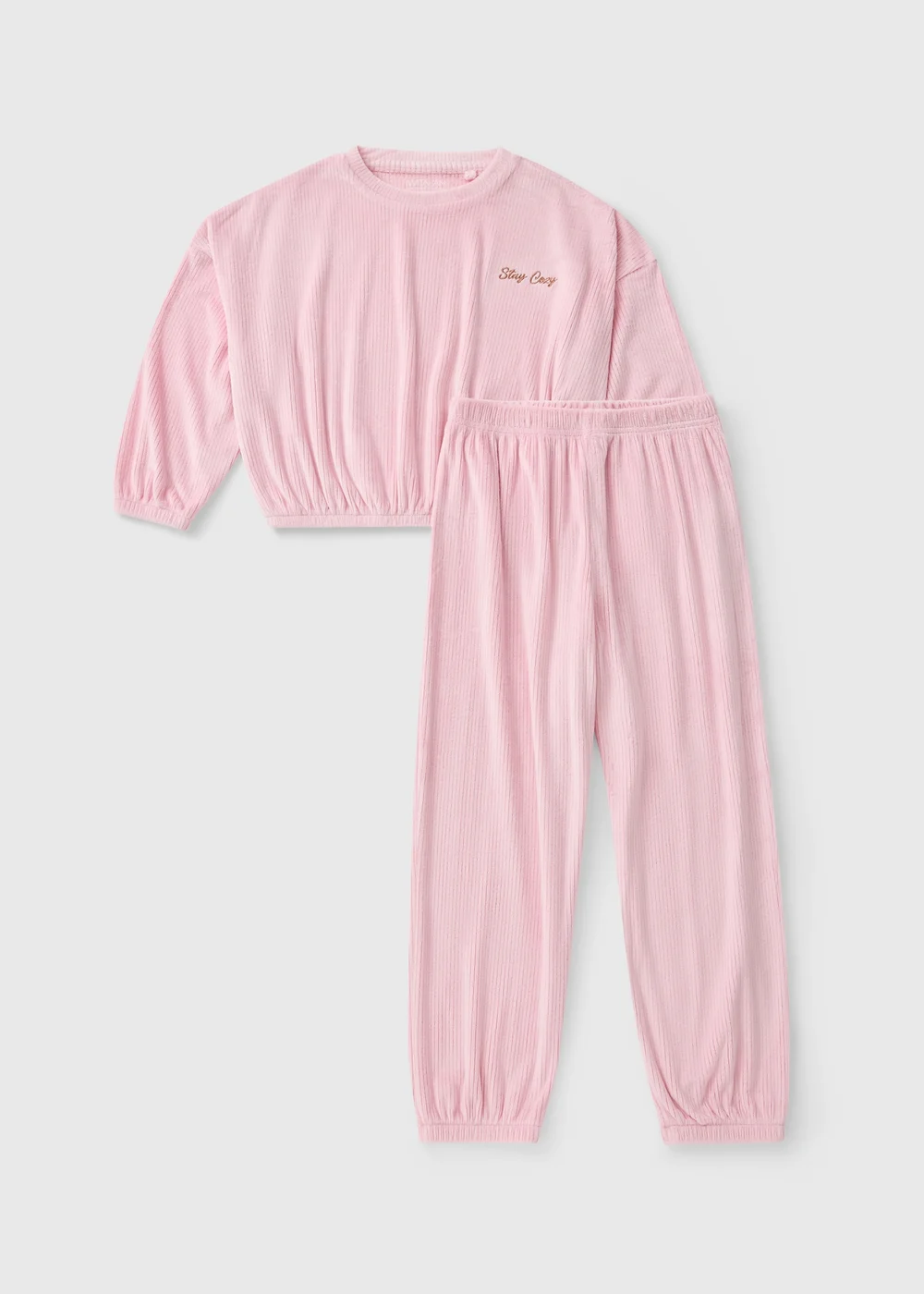 Girls Pink Velour Ribbed Long Pyjama Set (7-13yrs) - 7 Yrs Image 1