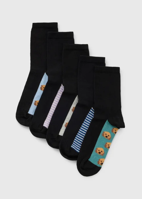 5 Pack Black Dog Footbed Ankle Socks - One Size Image 1