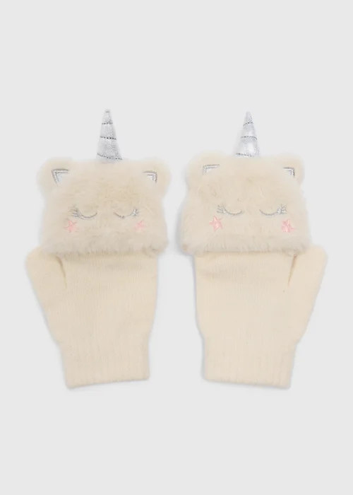 Girls Cream Unicorn Mittens - One Size Image 2