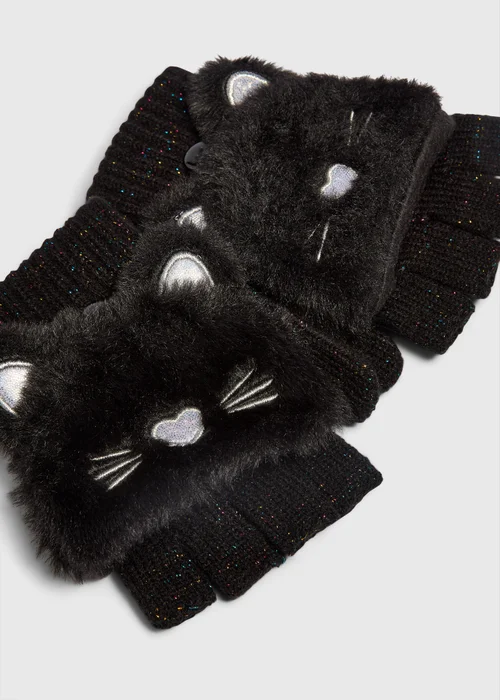 Girls Black Cat Novelty Mittens - One Size Image 2