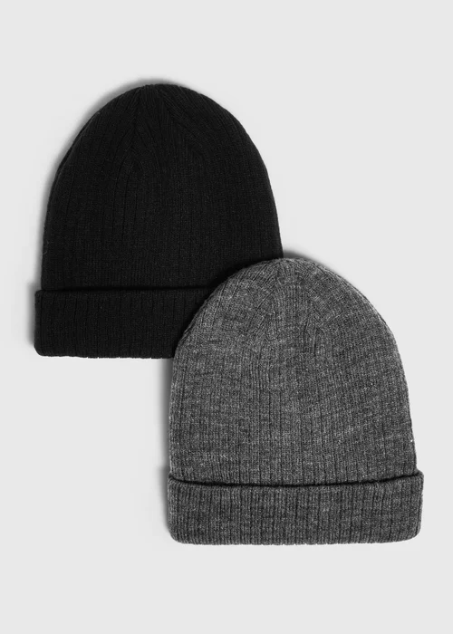 Black & Grey Ribbed Beanie – 2 Pack - 7-10 Yrs Image 1