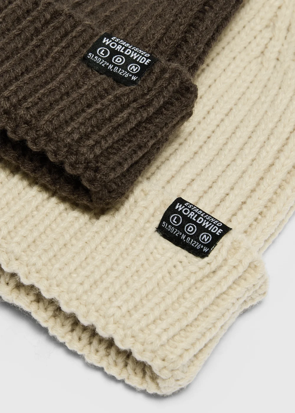 Boys 2 Pack Oatmeal & Brown Ribbed Beanie Hats (3-13yrs) - 7-10 Yrs Image 2