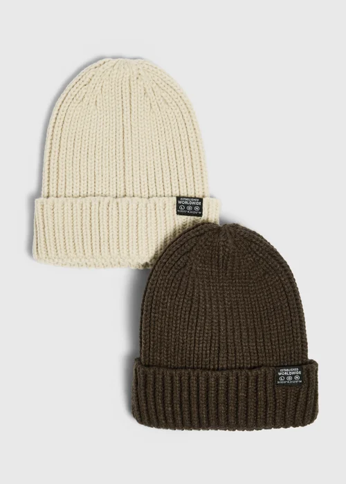 Boys 2 Pack Oatmeal & Brown Ribbed Beanie Hats (3-13yrs) - 7-10 Yrs Image 1