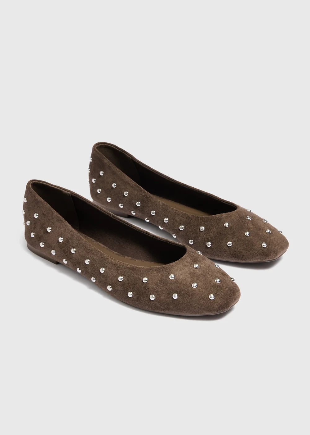Brown Faux Suede Stud Ballet Flats - 3 Image 3