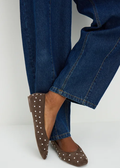 Brown Faux Suede Stud Ballet Flats - 3 Image 2