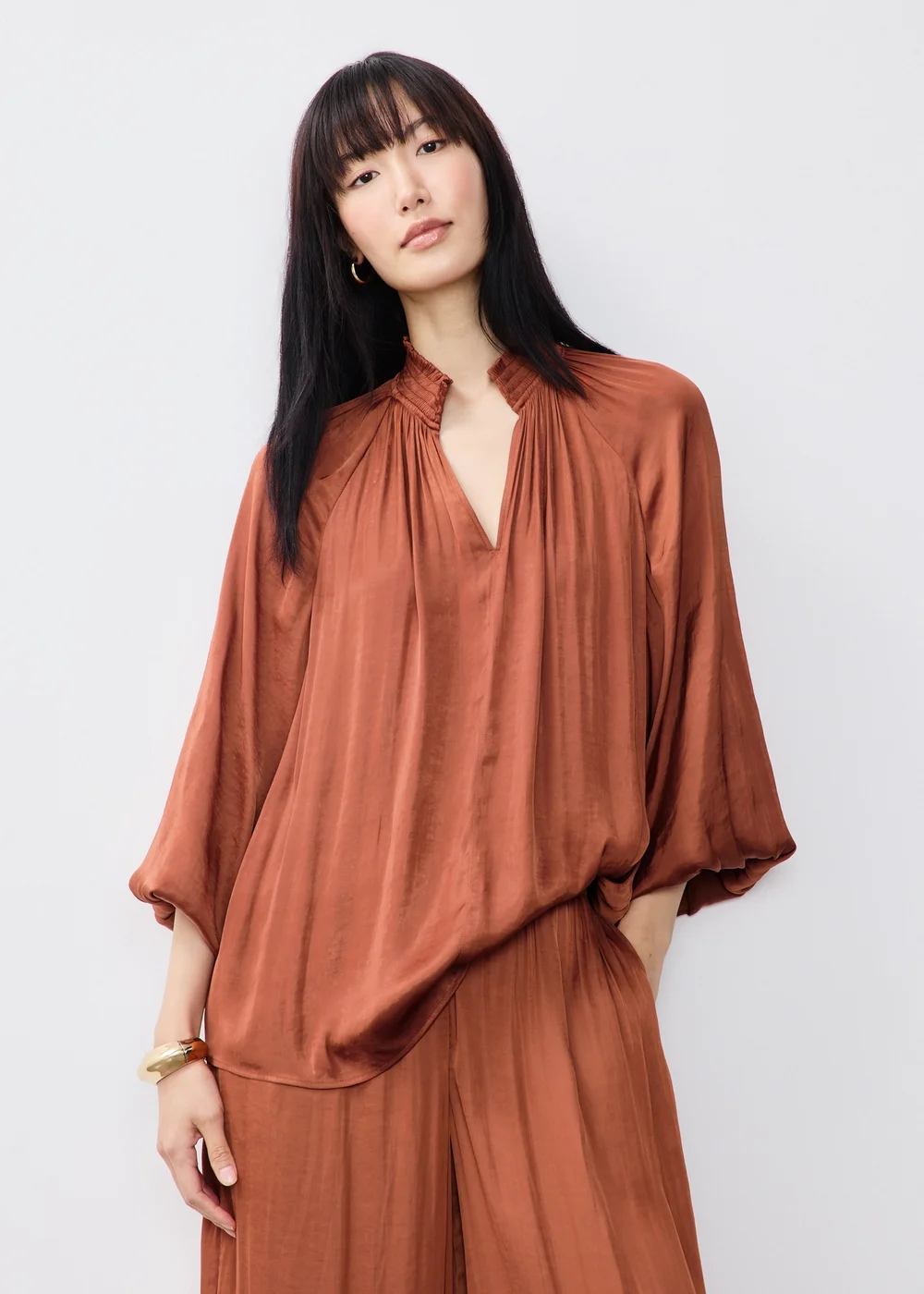 Terracotta Satin Popover Co Ord Blouse - 8 Image 1