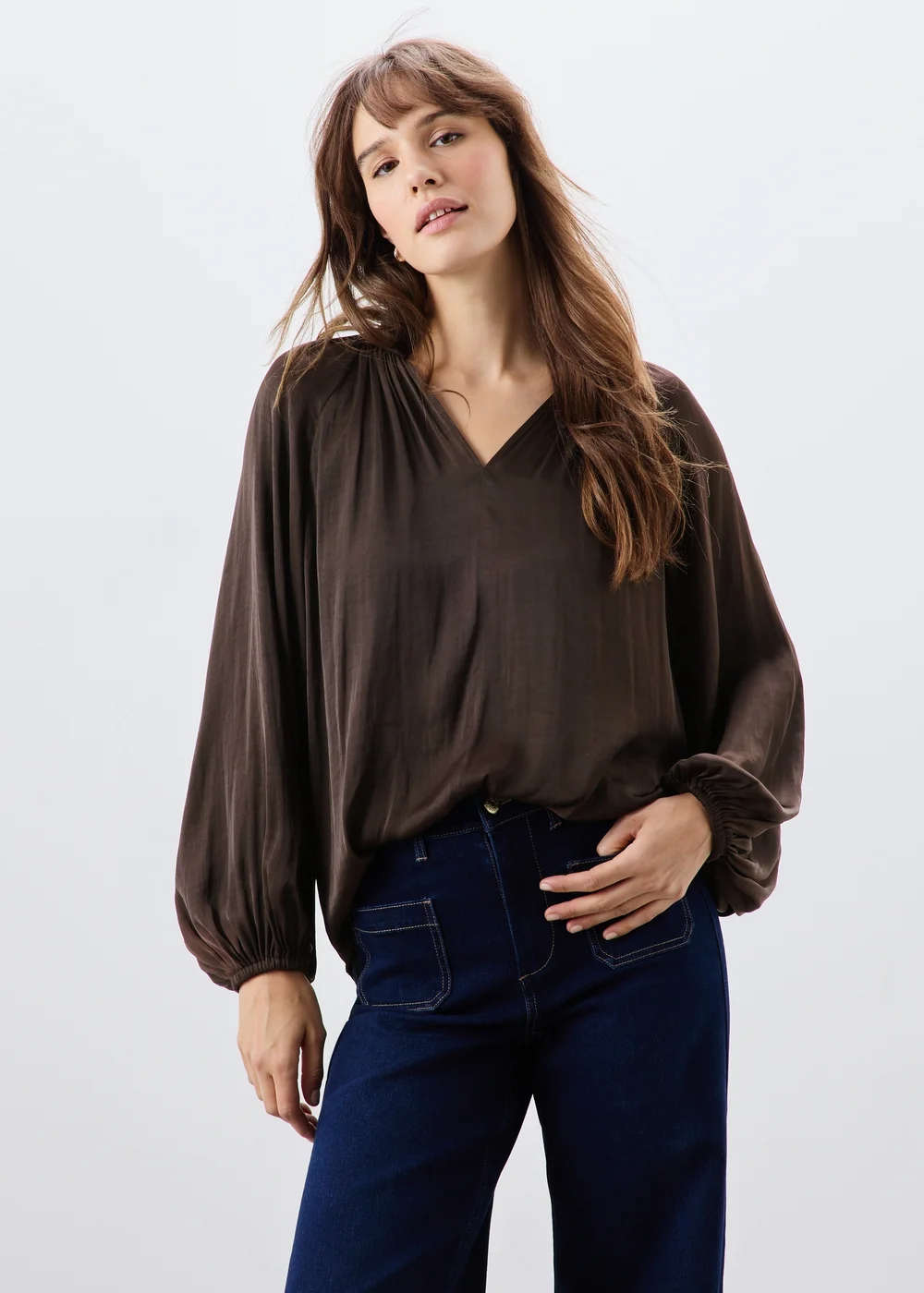 Brown Satin Popover Co Ord Blouse - 8 Image 1