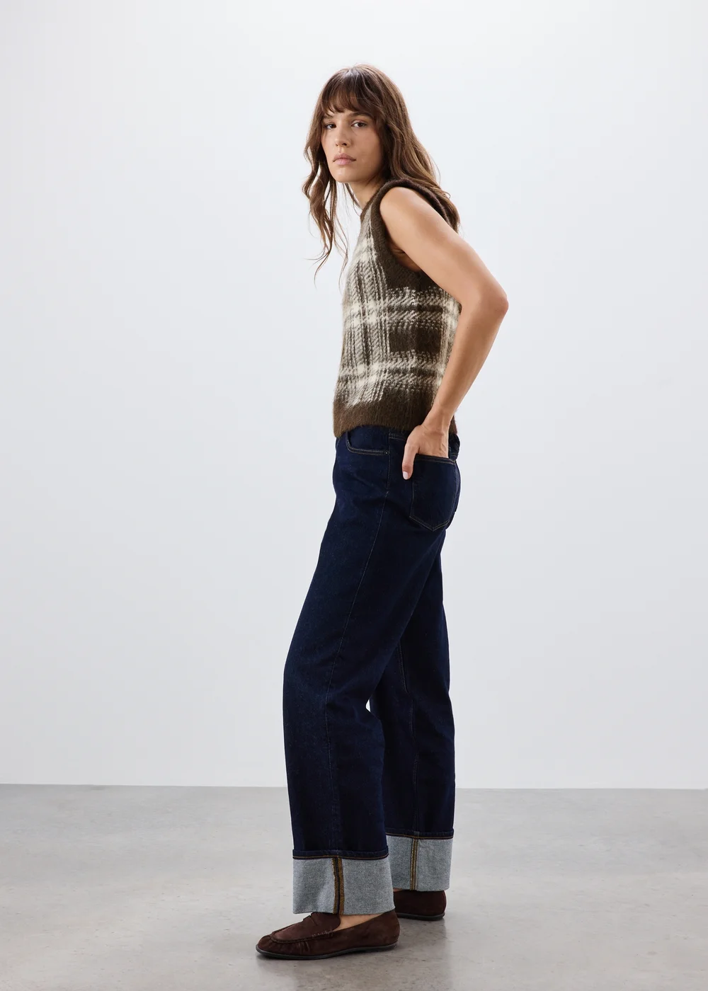 Brown Check Fluffy Crew Tank Jumper - XS Image 3