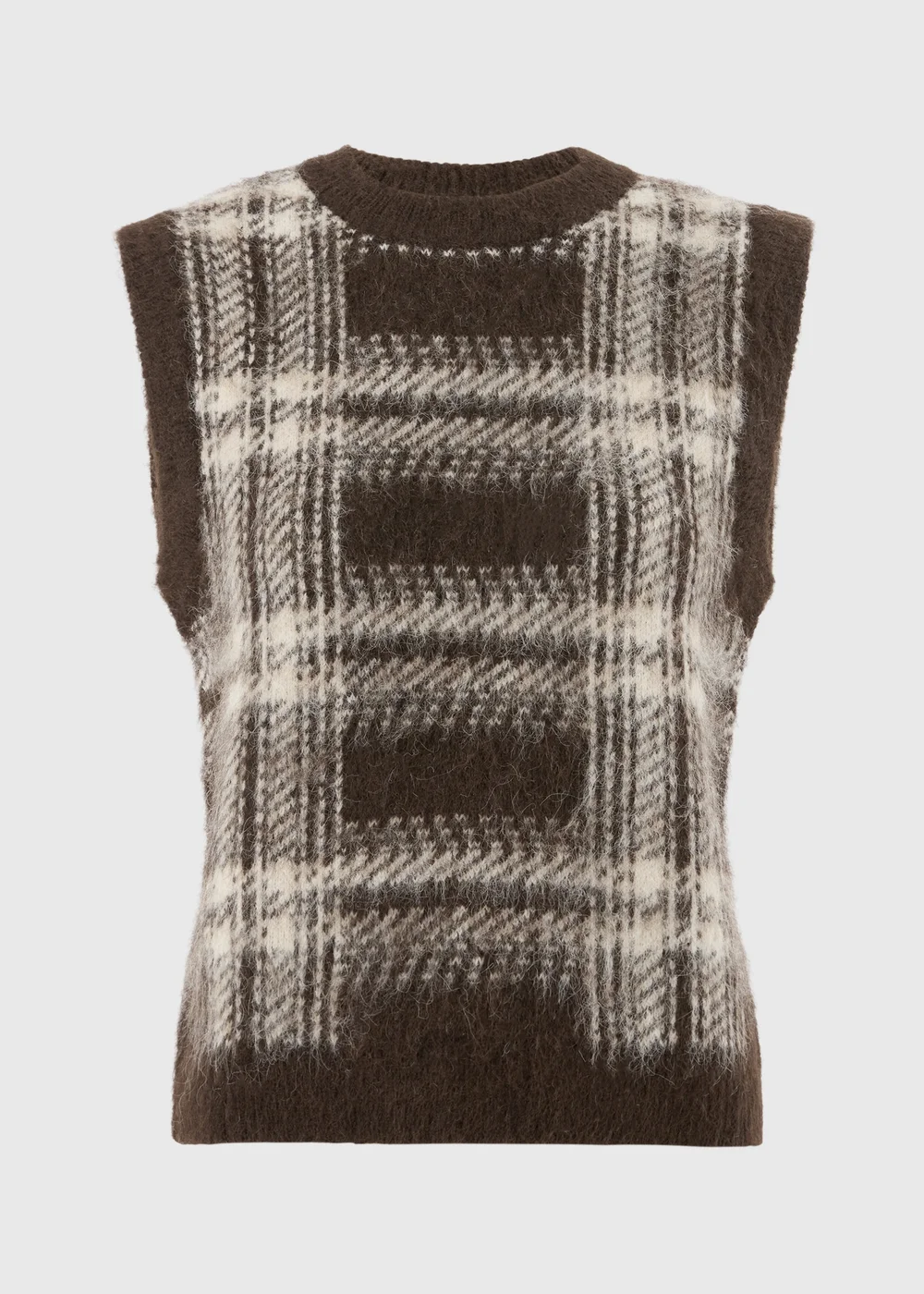 Brown Check Fluffy Crew Tank Jumper - XS Image 4