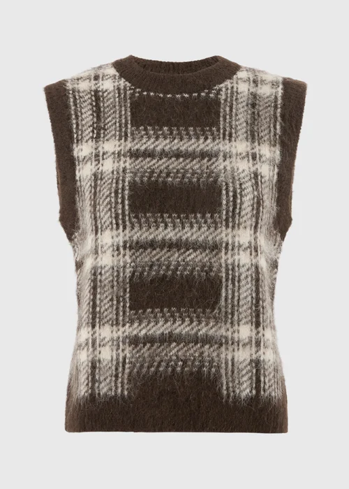 Brown Check Fluffy Crew Tank Jumper - XS Image 4