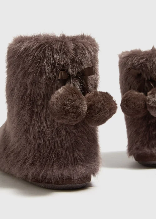 Chocolate Brown Fur Pom Pom Slippers - S Image 2