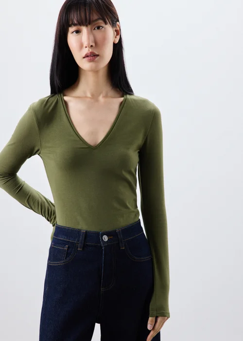 Khaki Green V Neck Top - 8 Image 1