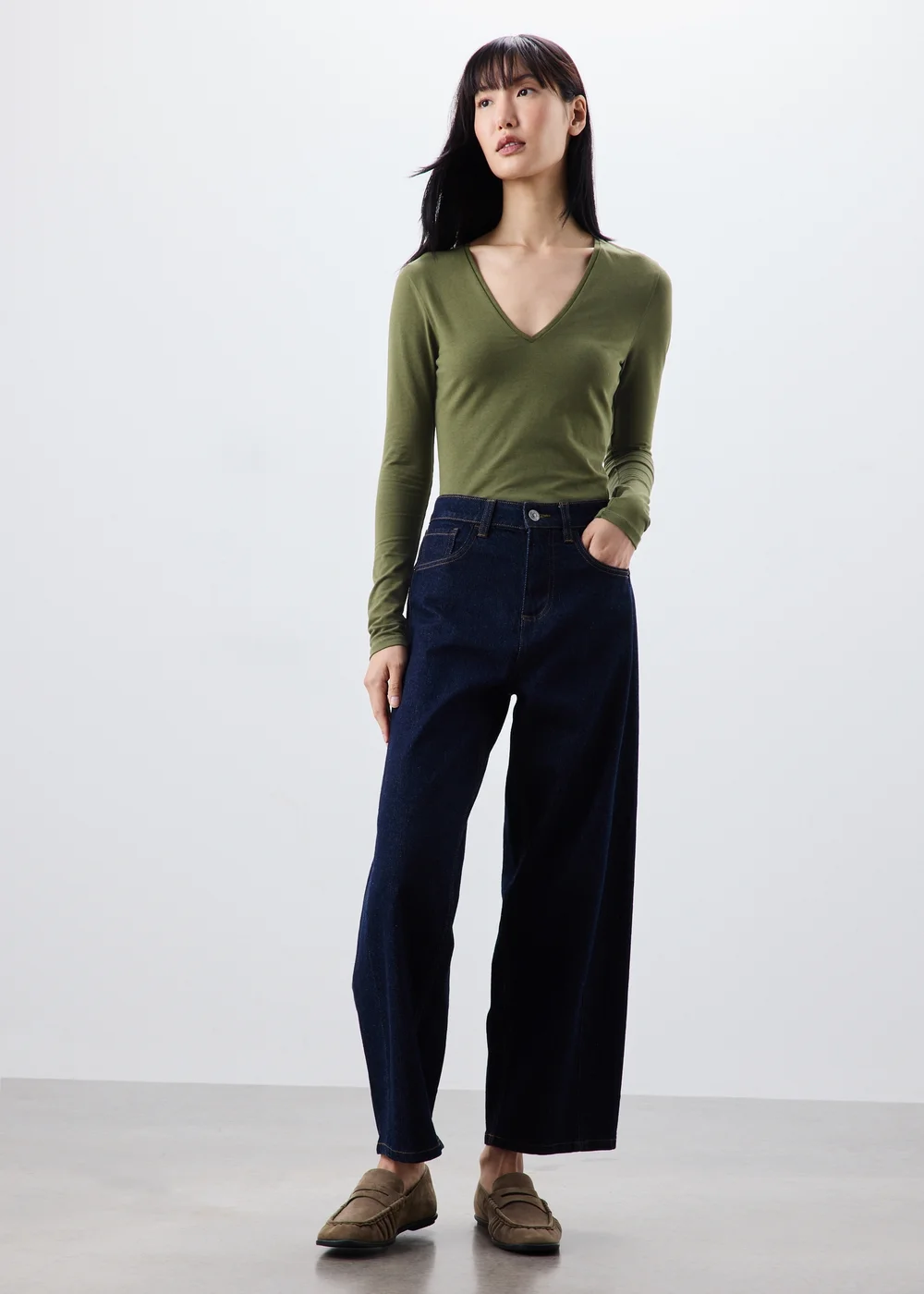 Khaki Green V Neck Top - 8 Image 4