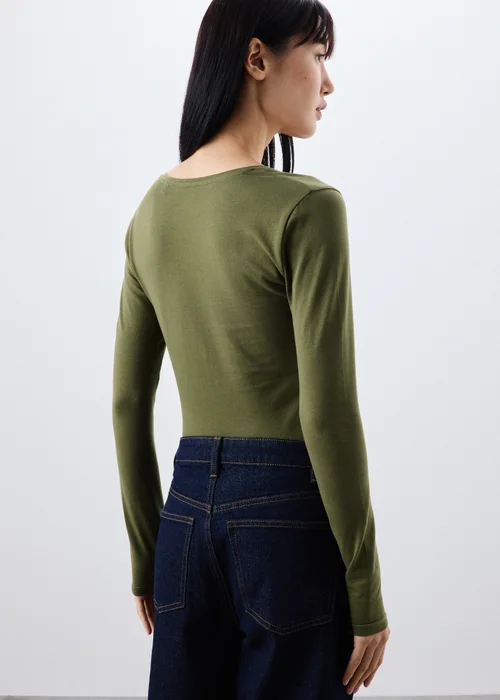 Khaki Green V Neck Top - 8 Image 2