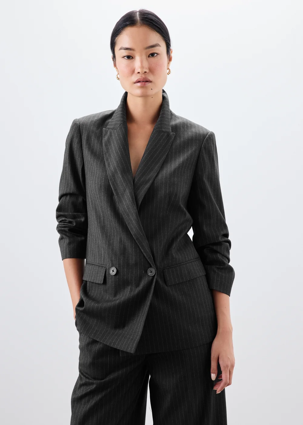 Grey Pinstripe Double Breasted Blazer - 8 Image 4