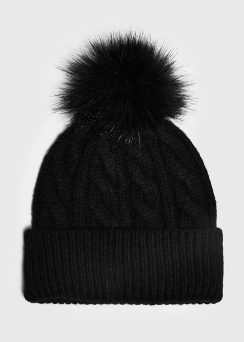 Black Cable Knit Bobble Hat - One Size Image 1