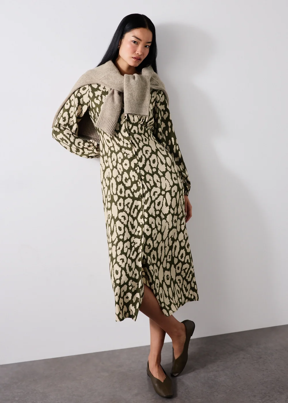 Khaki Animal Print Shirt Dress - 8 Image 1